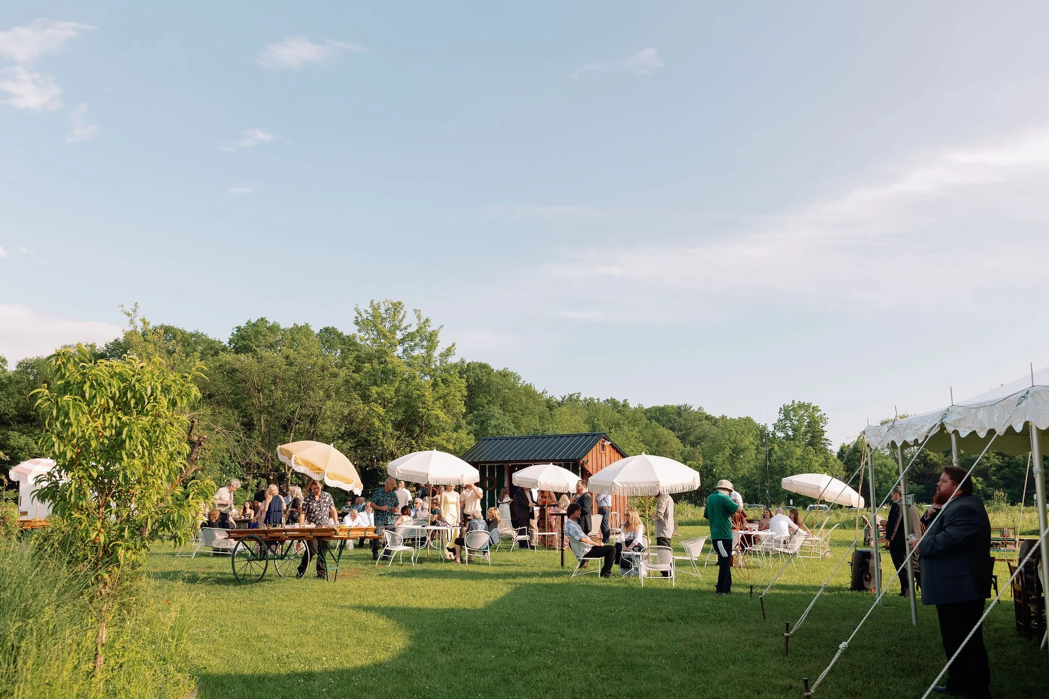 Outdoor gathering of people with umbrellas, seated and standing on a grassy field, with trees and a small wooden building in the background under a partly cloudy sky.
