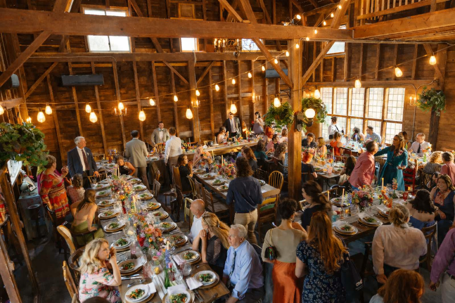 A large indoor gathering or celebration in a rustic wooden barn, with decorated tables and many people socializing and dining. Festive lighting hangs overhead, and the event has a lively, cheerful atmosphere.