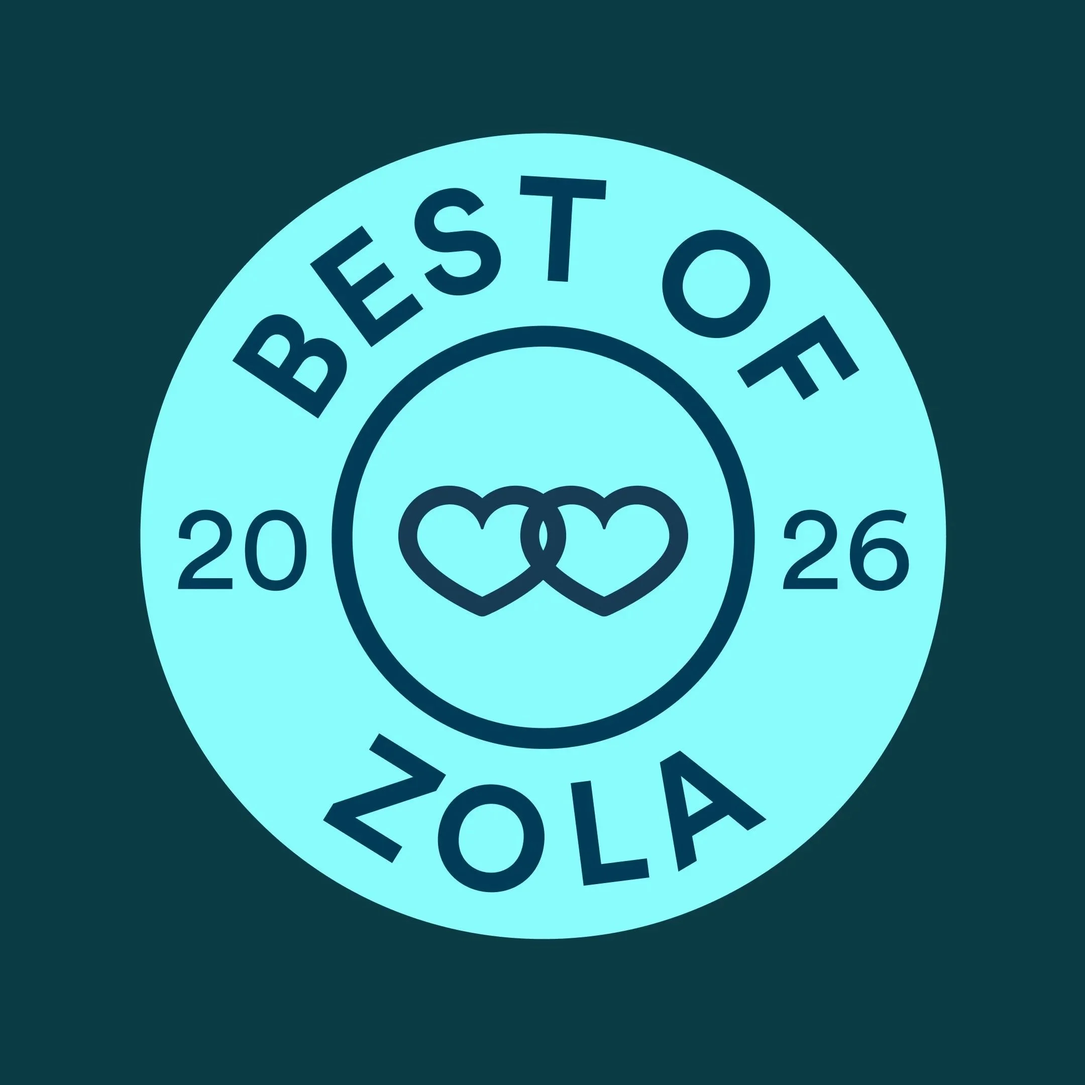 A circular badge with the words 'Best of Zola 2026' and two interlinked hearts in the center, all in shades of blue on a dark background.