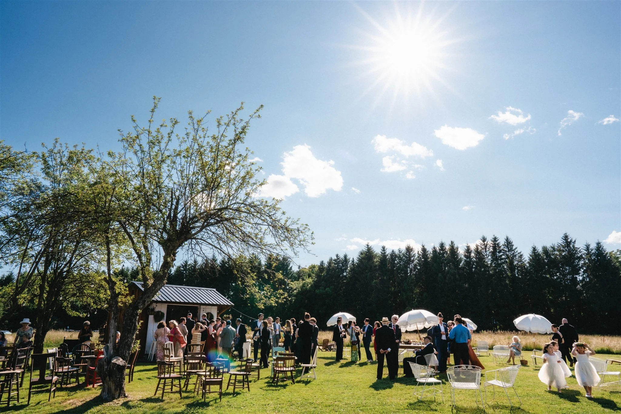 Outdoor wedding or social gathering with people, children, chairs, and umbrellas on a sunny day with a clear blue sky and trees in the background.