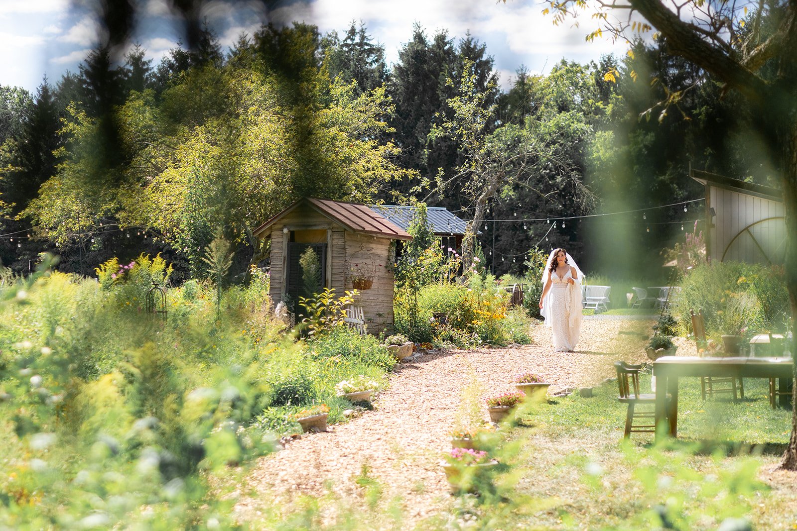 A woman in a white dress walking down a garden path surrounded by greenery, flowers, and outdoor furniture, with trees and a small wooden shed in the background.