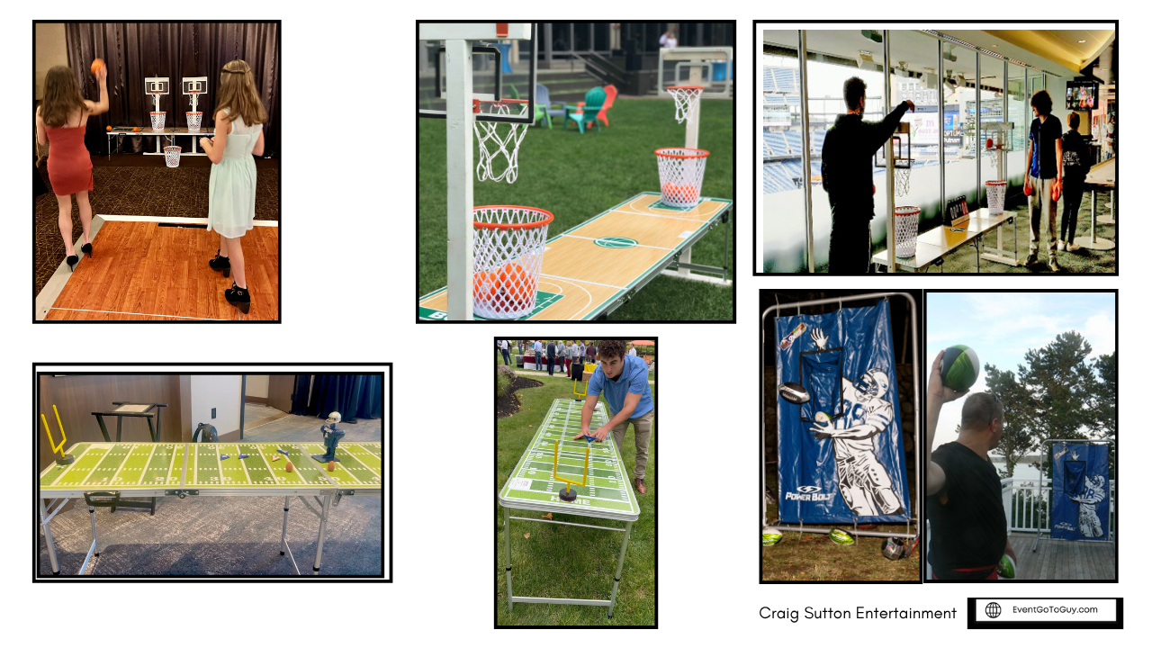 Collection of various outdoor and indoor games and activities including basketball, cornhole, and football. There are two girls playing cornhole, basketball hoops on a court, a person cleaning or setting up a game with a football, a person throwing a basketball into a hoop, two people playing a Game of cornhole, and a man throwing a football at a target station.