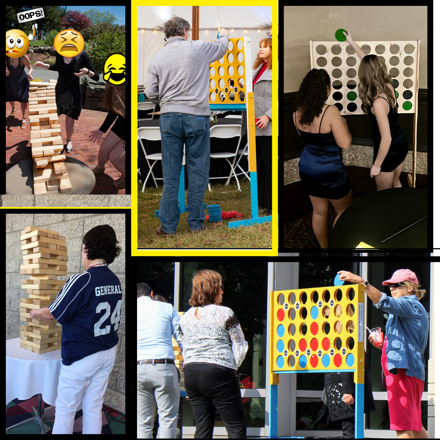 A collage of five photos featuring people playing outdoor and indoor giant connect four games, some of whom are actively engaged and some observing.