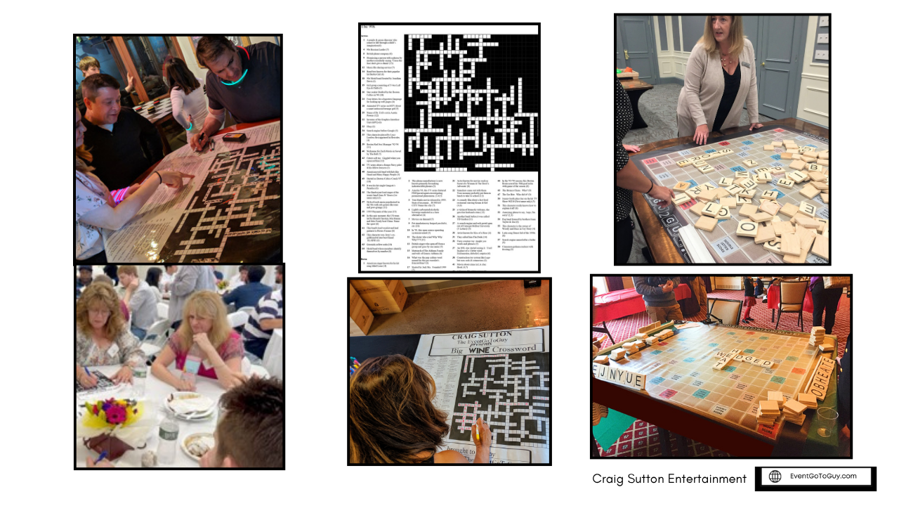 Various games that get people social and improve interaction at events (big tabletop crosswords and puzzle boards, big tabletop checkers, among others.