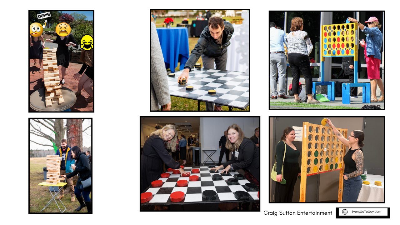 Various people playing giant outdoor and indoor versions of connect four, checkers, Jenga, and other board games at a social event.