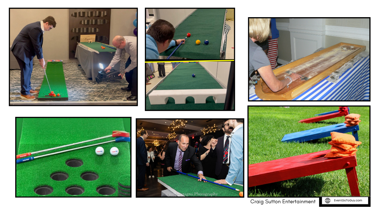Fun games set up for indoor, outdoor events, mini putt, shuffleboard, cornhole bean bag, toss game