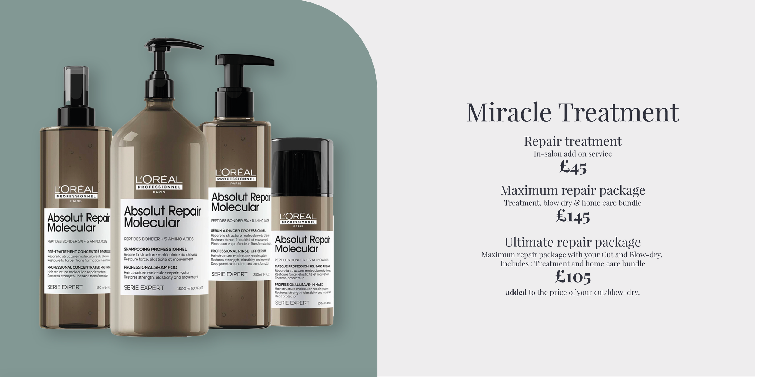 Display of four L'Oréal professional hair care bottles, including shampoo and serum, with product labels visible, next to text describing various hair repair treatment packages and prices.