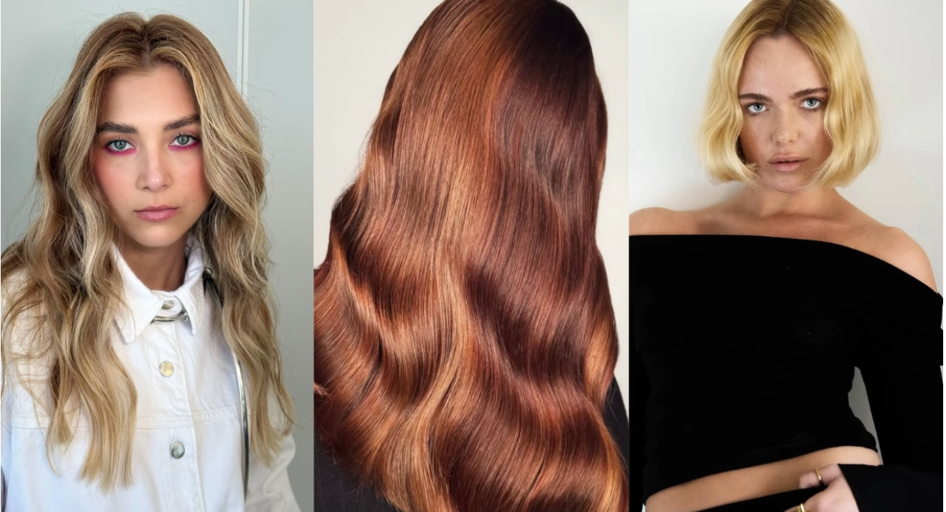 Three women with different hairstyles: the first woman has long, wavy blonde hair, the second has long, wavy red hair, and the third has short, wavy blonde hair, all against neutral backgrounds.