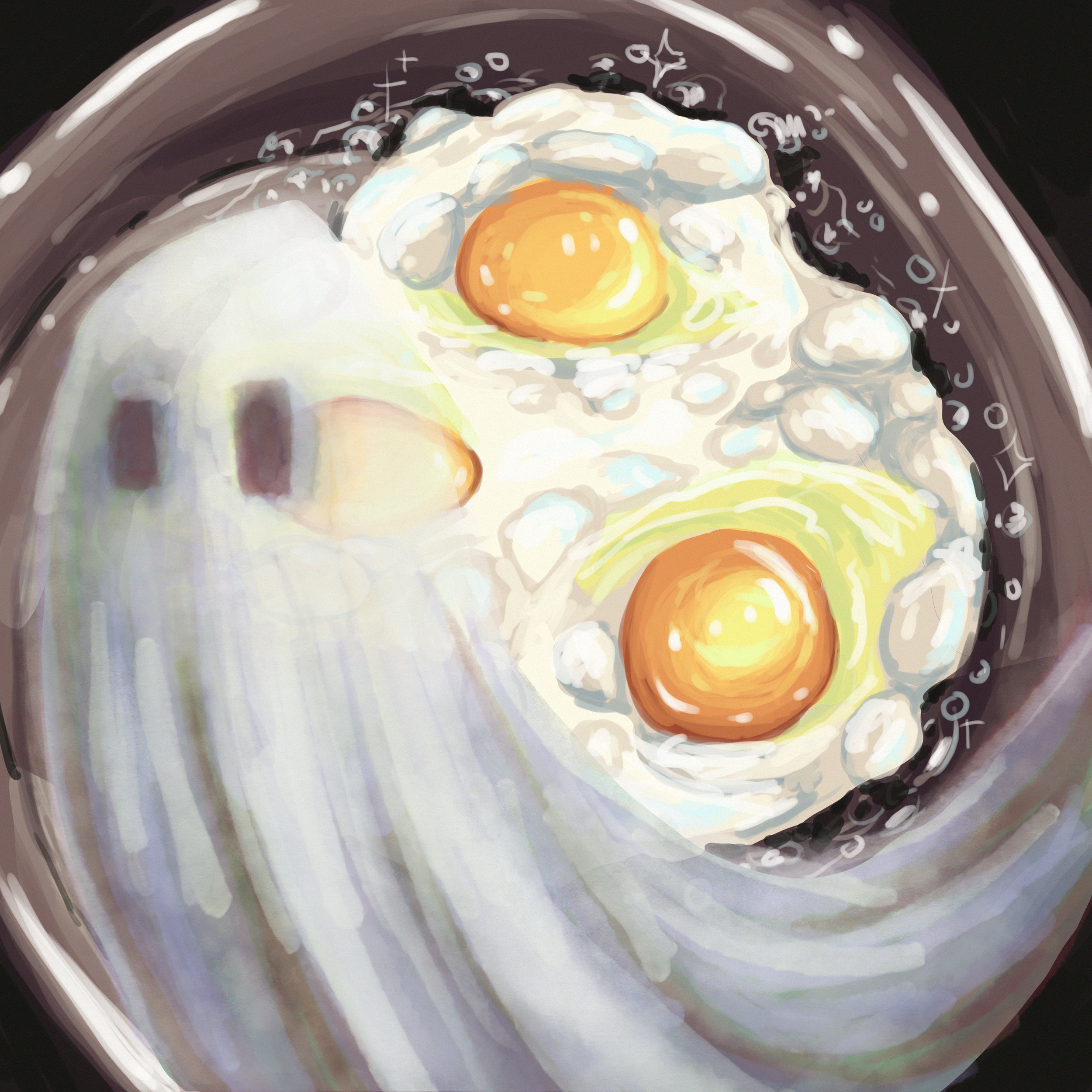 A painting of a ghost hovering over eggs