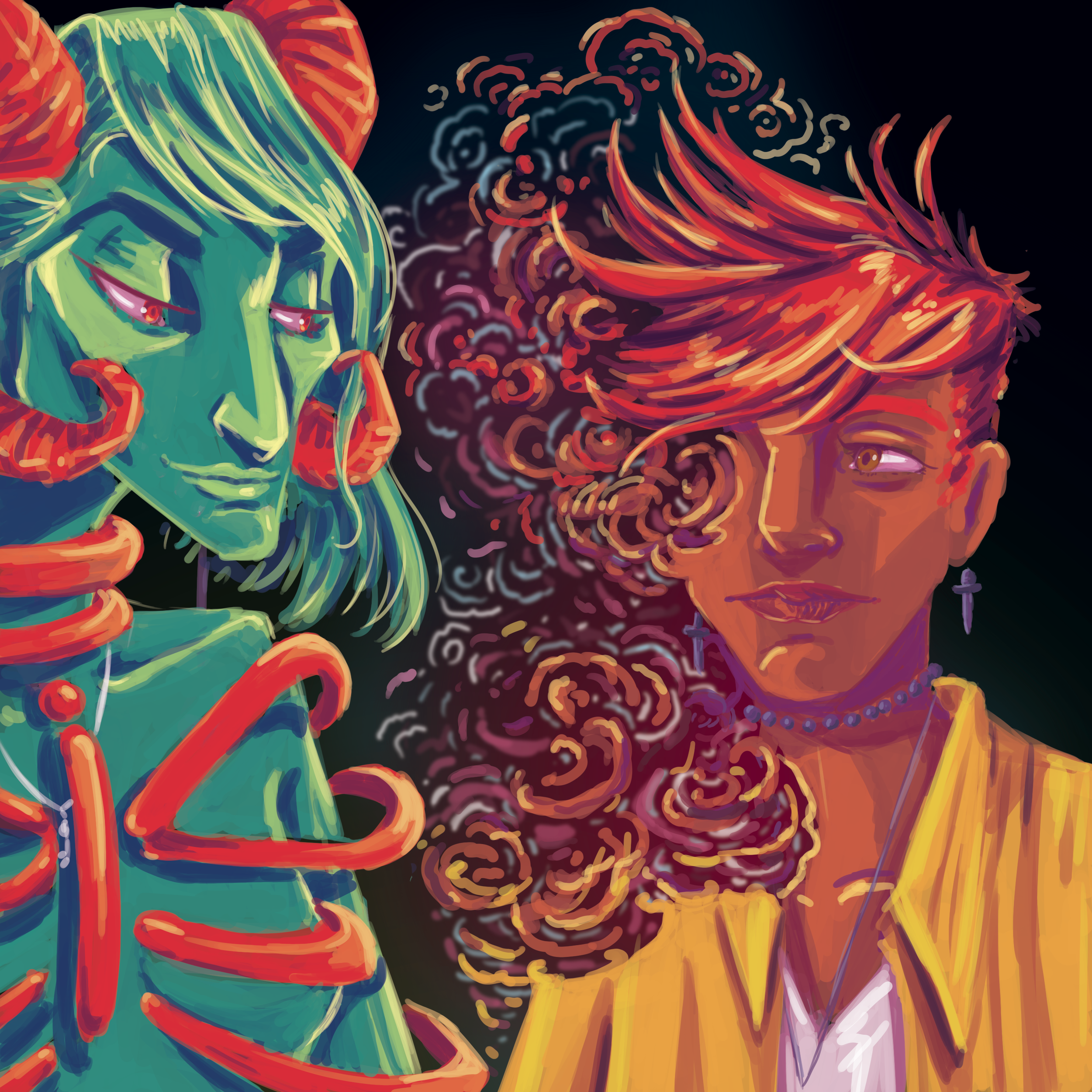 The horned god makes eye-contact as the friend dissolves