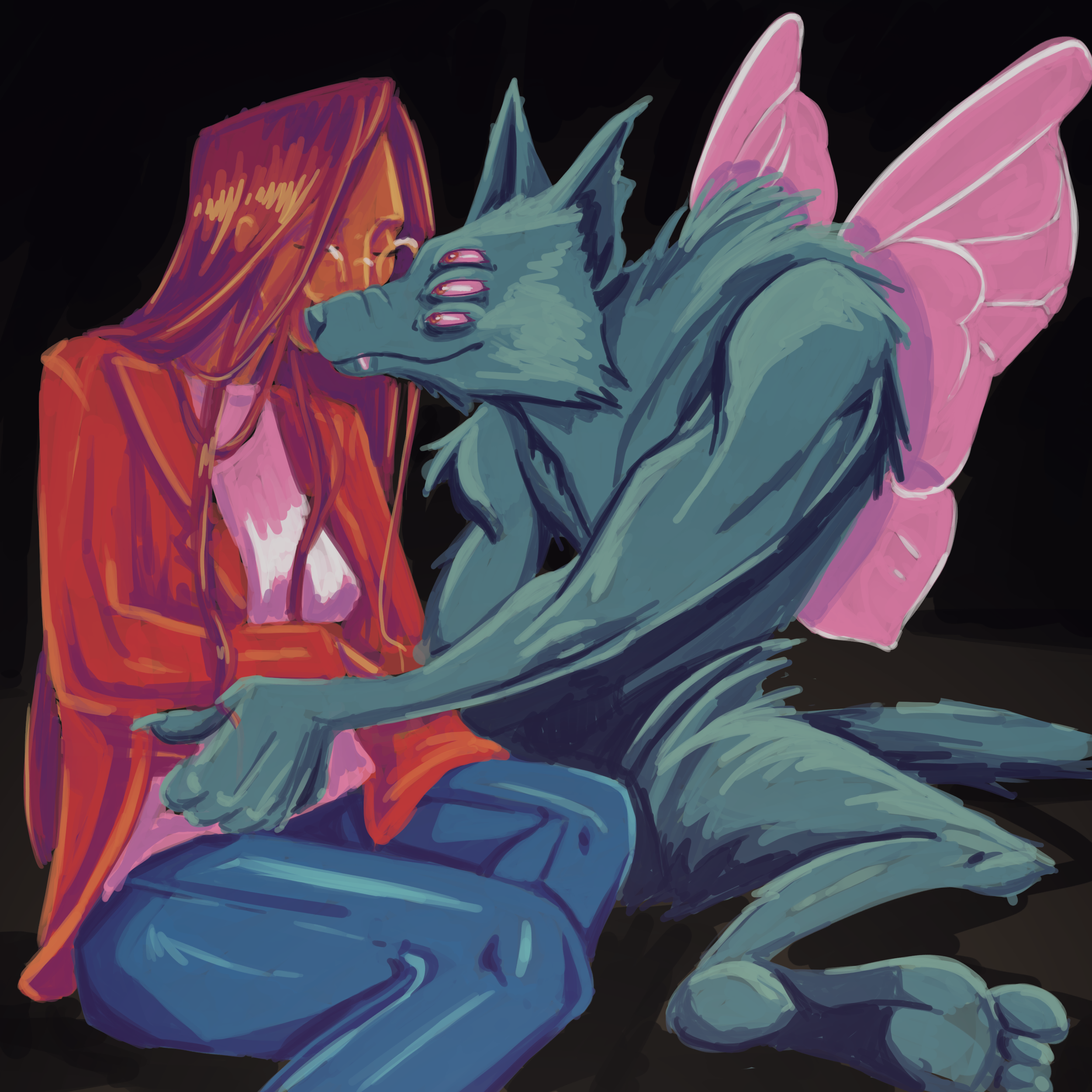 Claire Kisses a multi-eyed winged wolf
