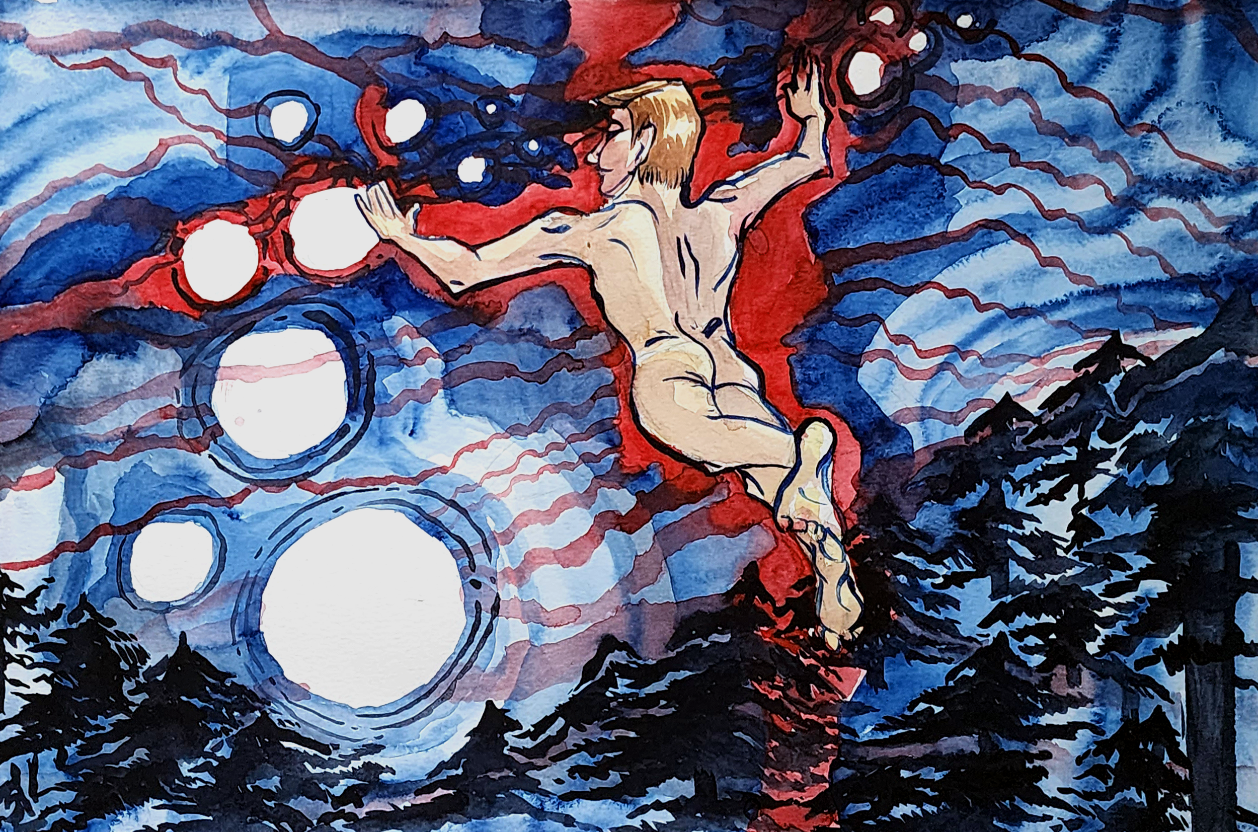 A naked man flies over the trees towards a path of glowing orbs