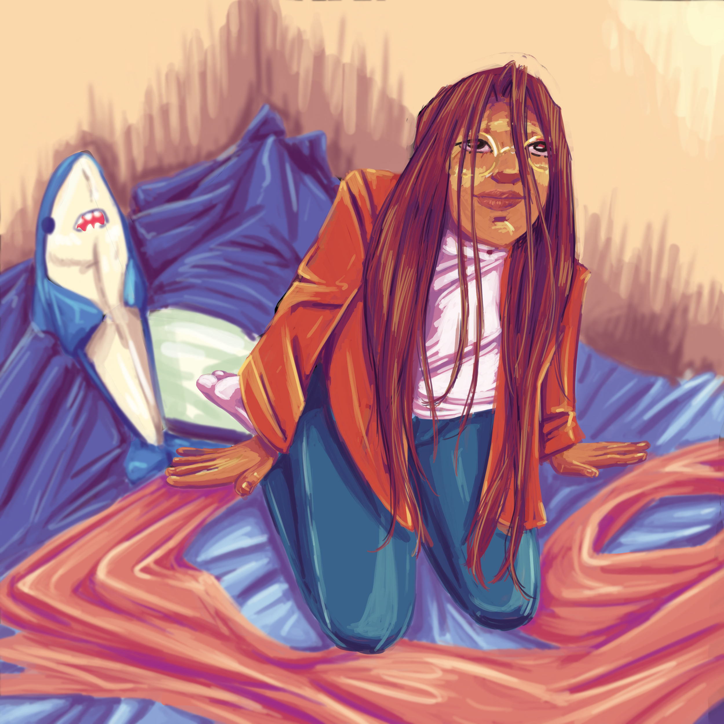 Claire kneels on the bed with a blahaj behind her