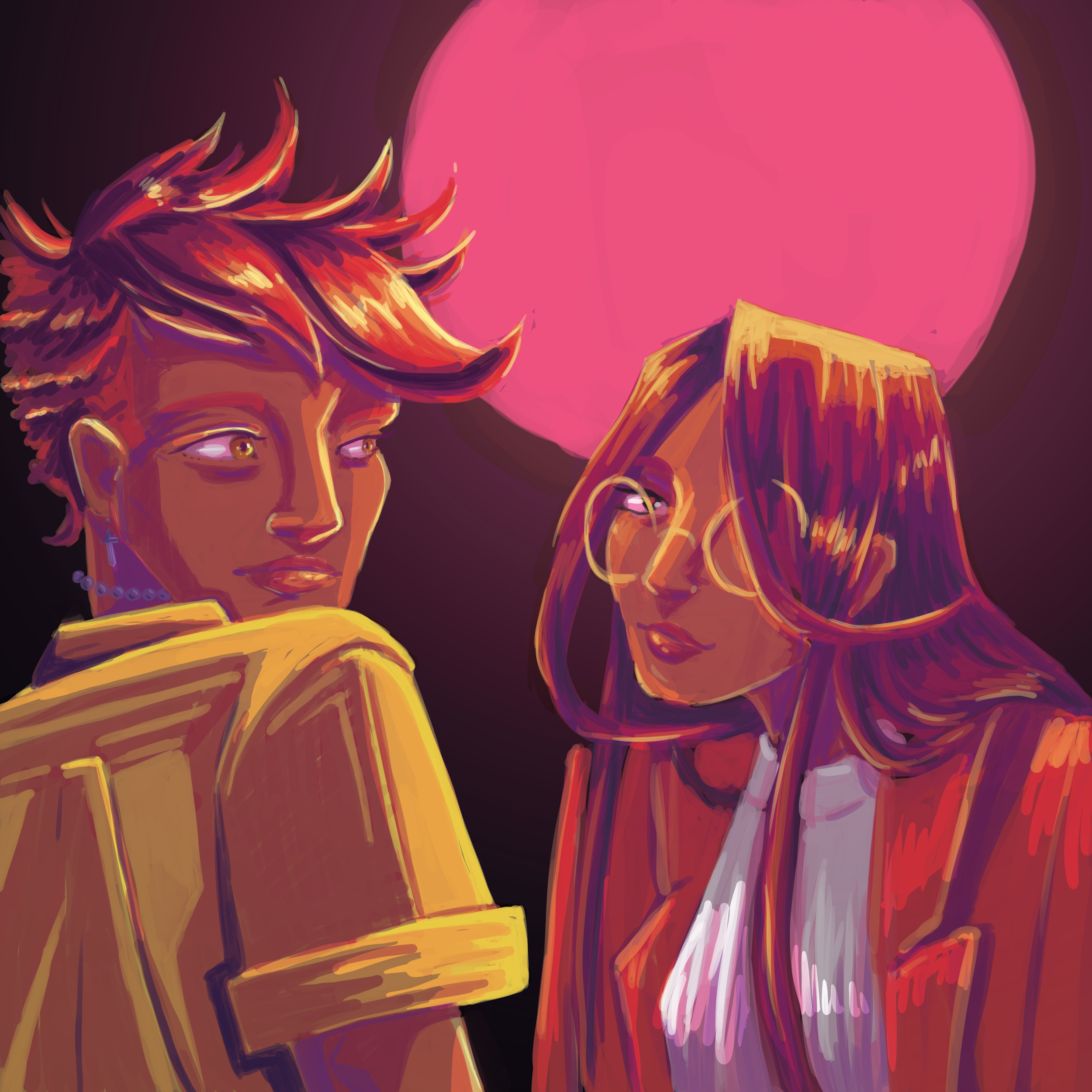 Claire and her friend backlit by the moon