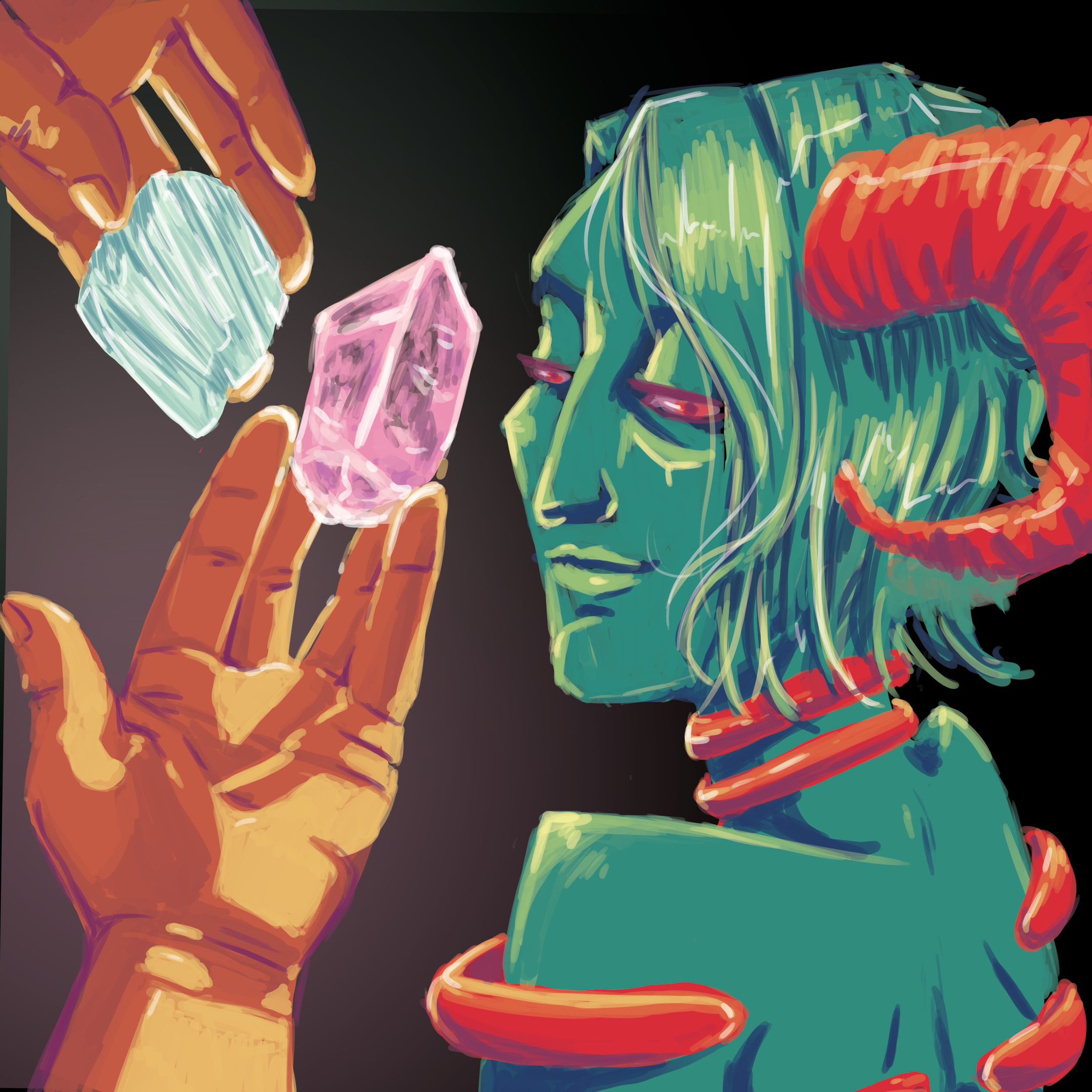 The horned god looks at hands holding two gemstones