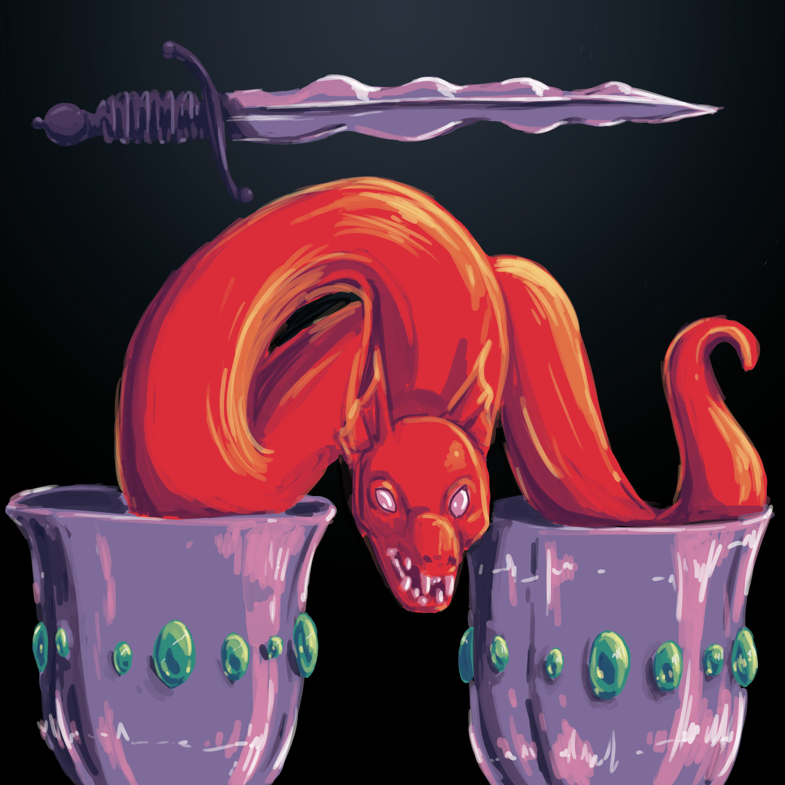A dagger hangs over two cups holding the leviathan