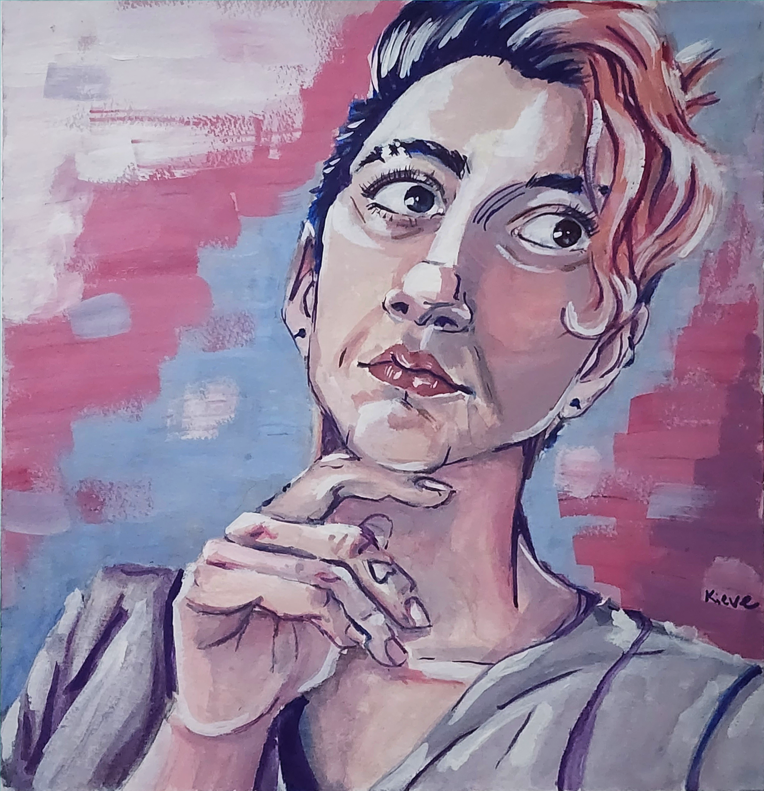 a pink-haired nonbinary person on a trans flag background painted with gouache on watercolor paper