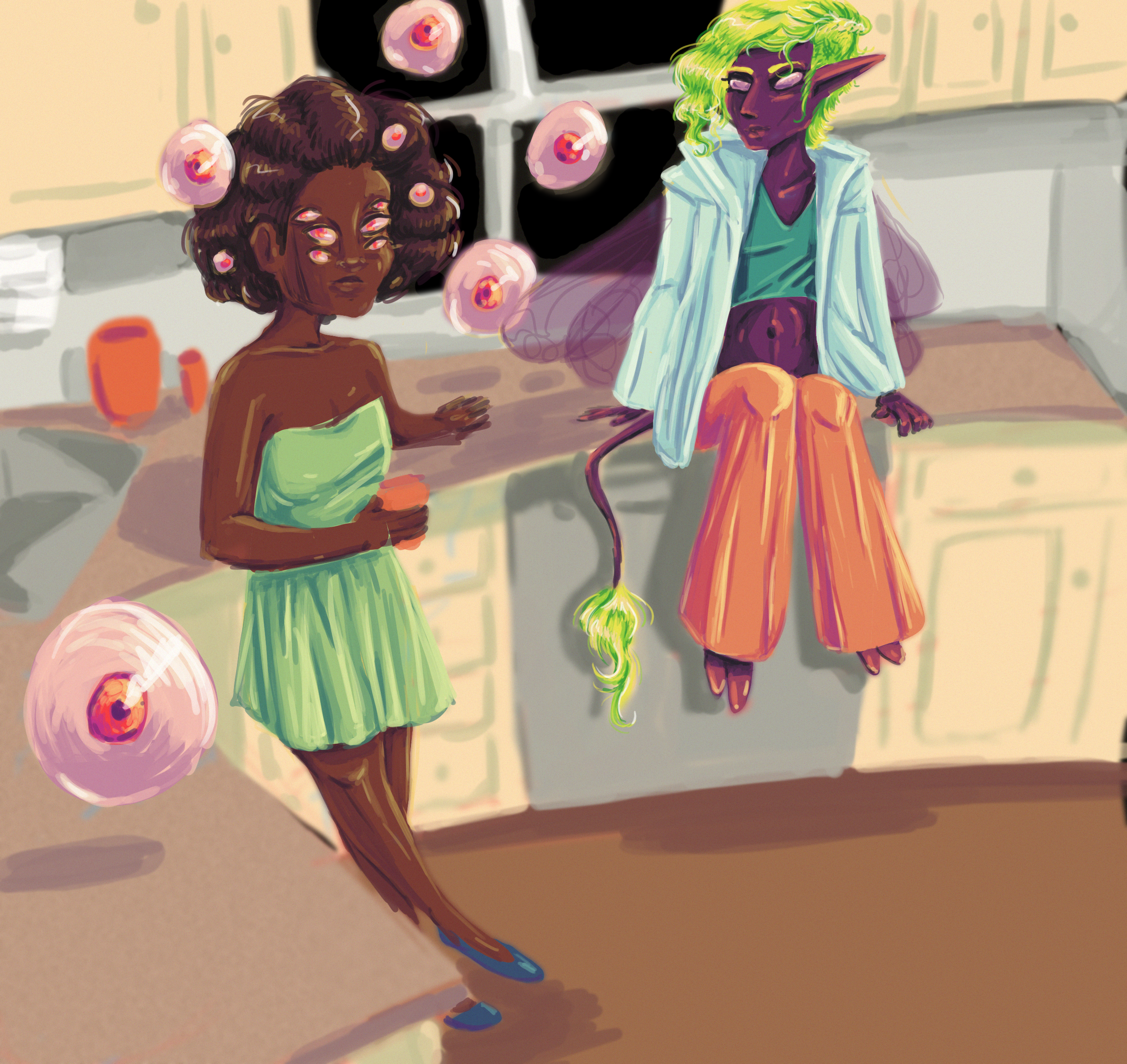 2 fae surrounded by floating eyes enjoy cocktails