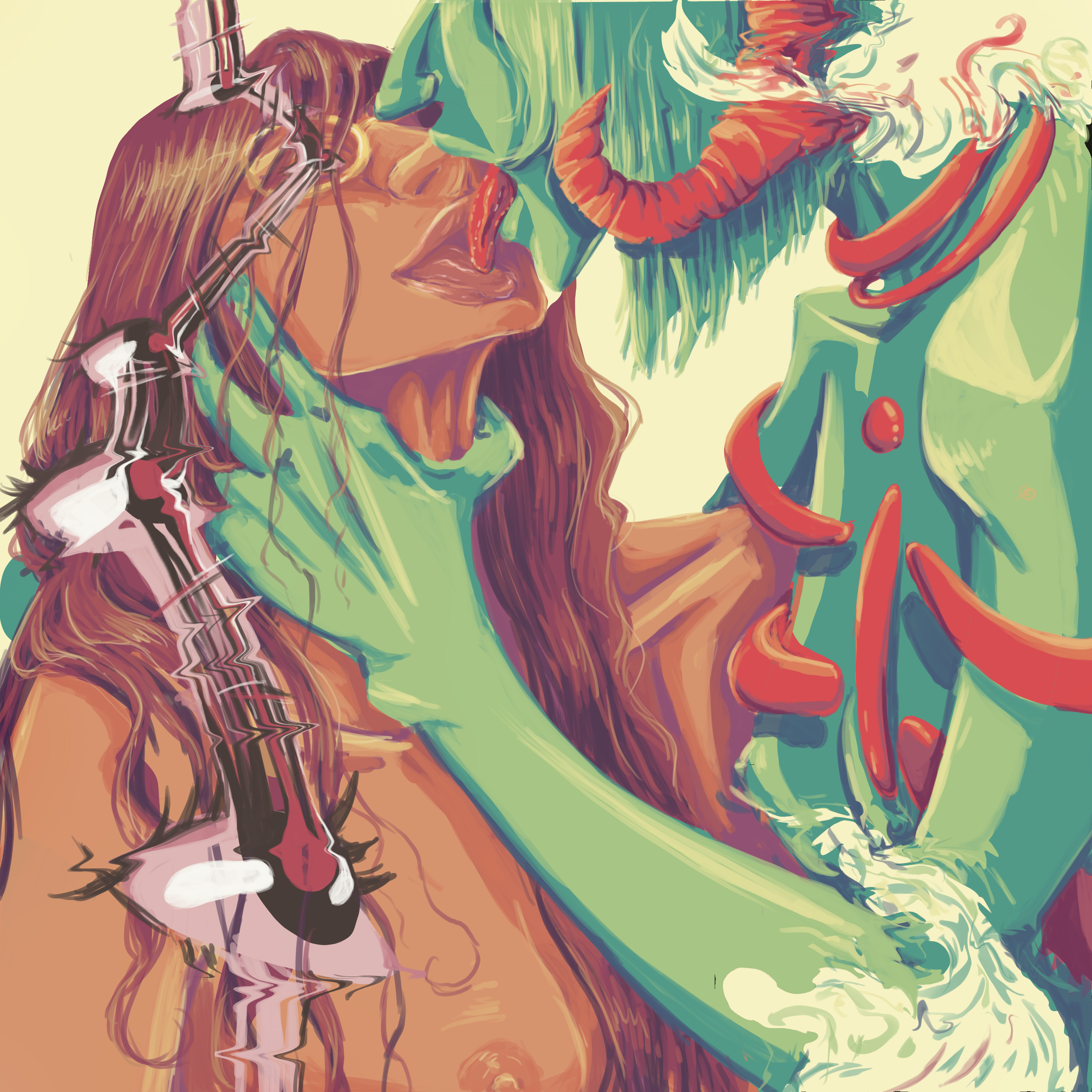 Clair and the horned god kiss as Claires eyes blur and distort and the horned god melts