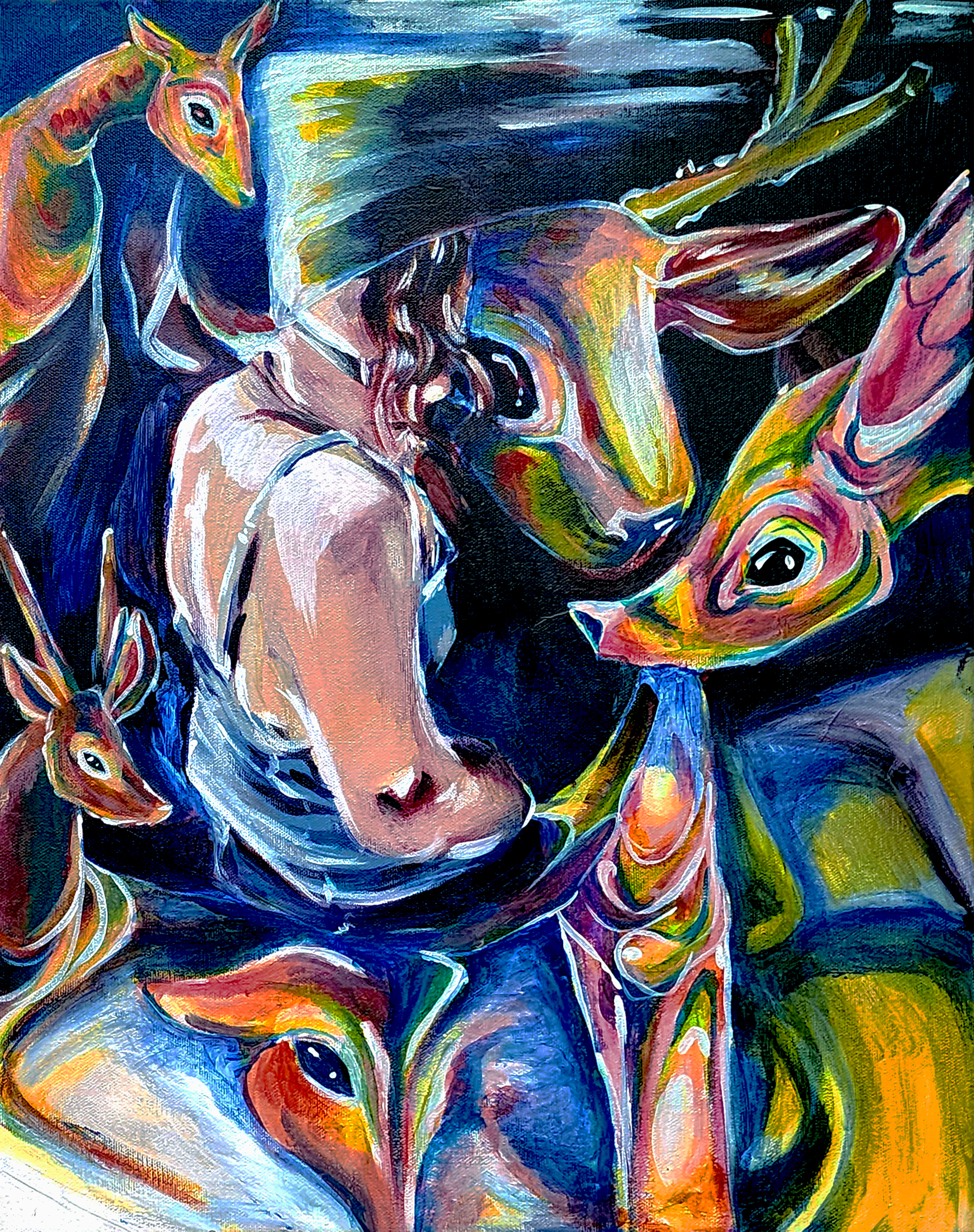 A woman stands in a darkened room surrounded by neon deer