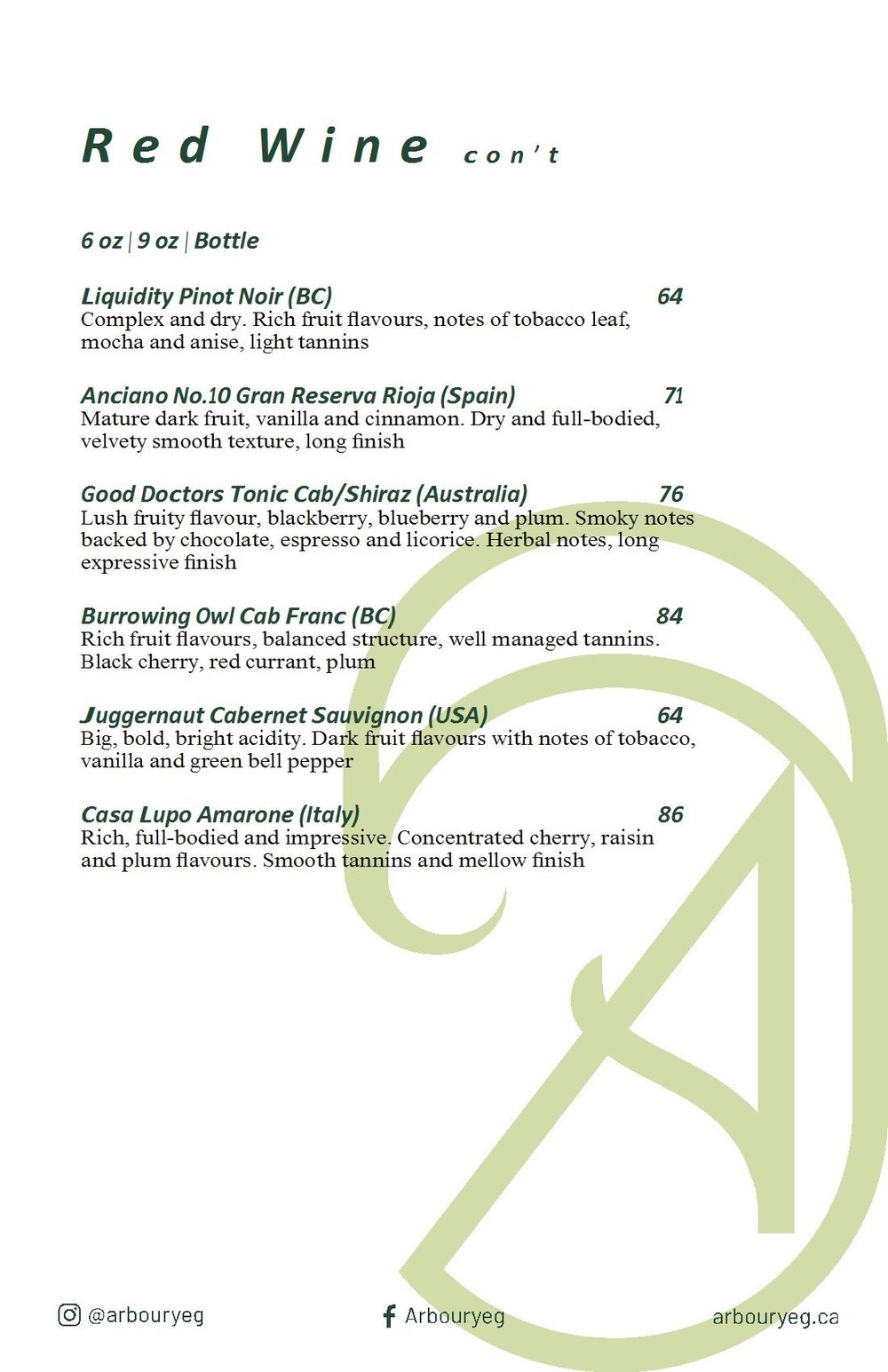 Drink Menu — Arbour