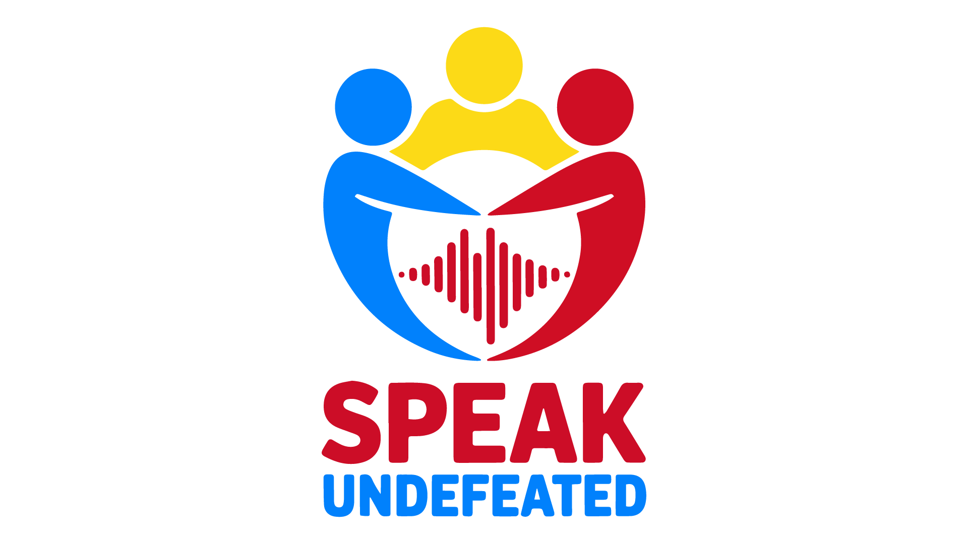 Logo with three abstract human figures holding hands around a heart shape with a sound wave inside, with the text "SPEAK UNDEFEATED" below.