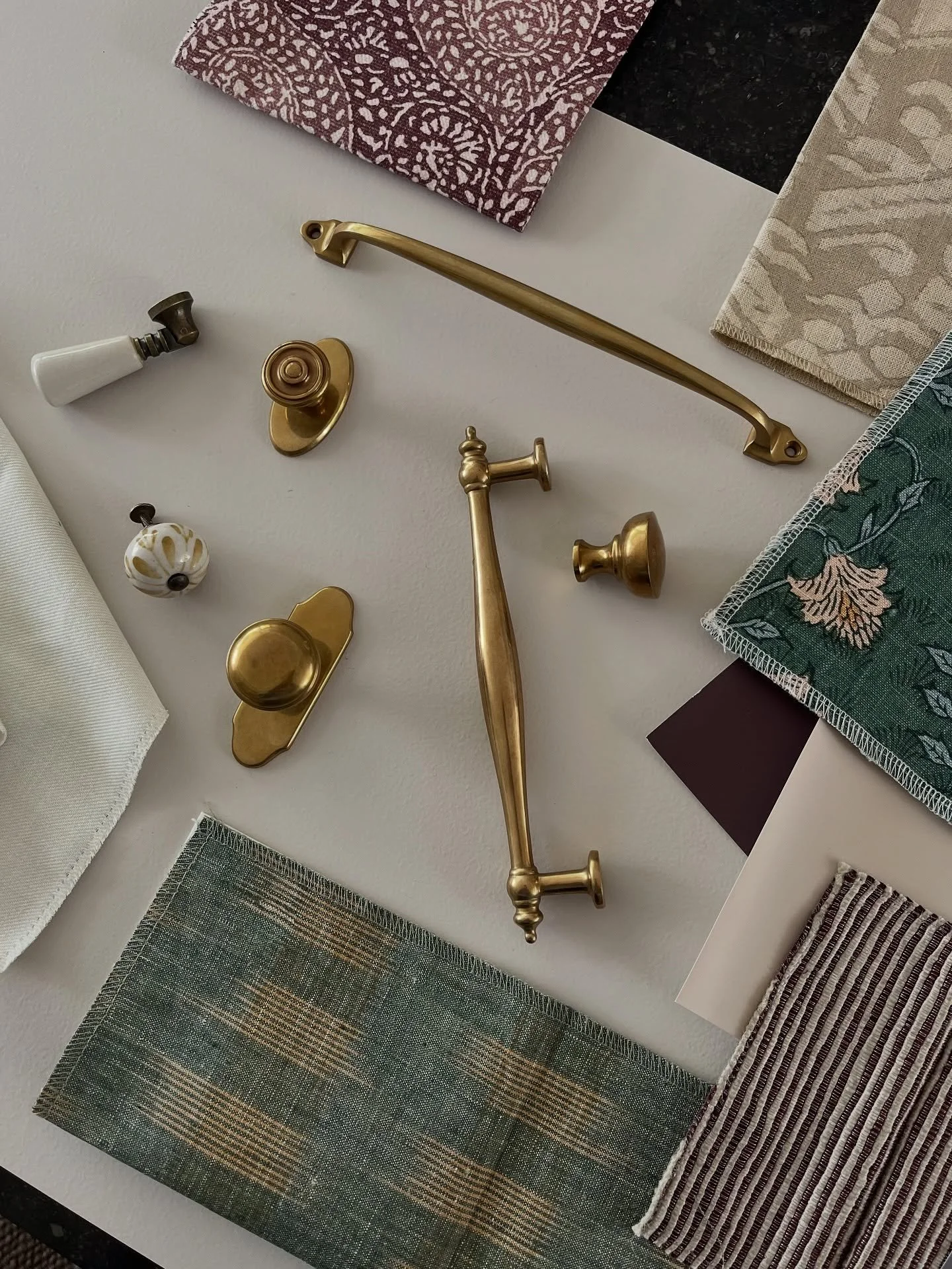 Textile and hardware selections for a project that&rsquo;s giving us life right now.  Love these clients, who embrace color, trust in the process, make quick decisions, and exude excitement after each presentation.  Thank you 🙏🏼