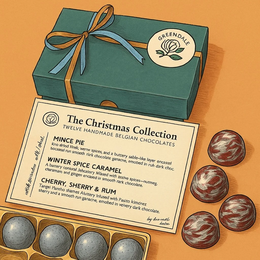 A green gift box with a ribbon bow, labeled 'Greendale,' next to a letter titled 'The Christmas Collection' listing three types of handmade Belgian chocolates: Mince Pie, Winter Spice Caramel, and Cherry, Sherry & Rum. There are also four marbled chocolate truffles and four grayish-blue candies on a tray.