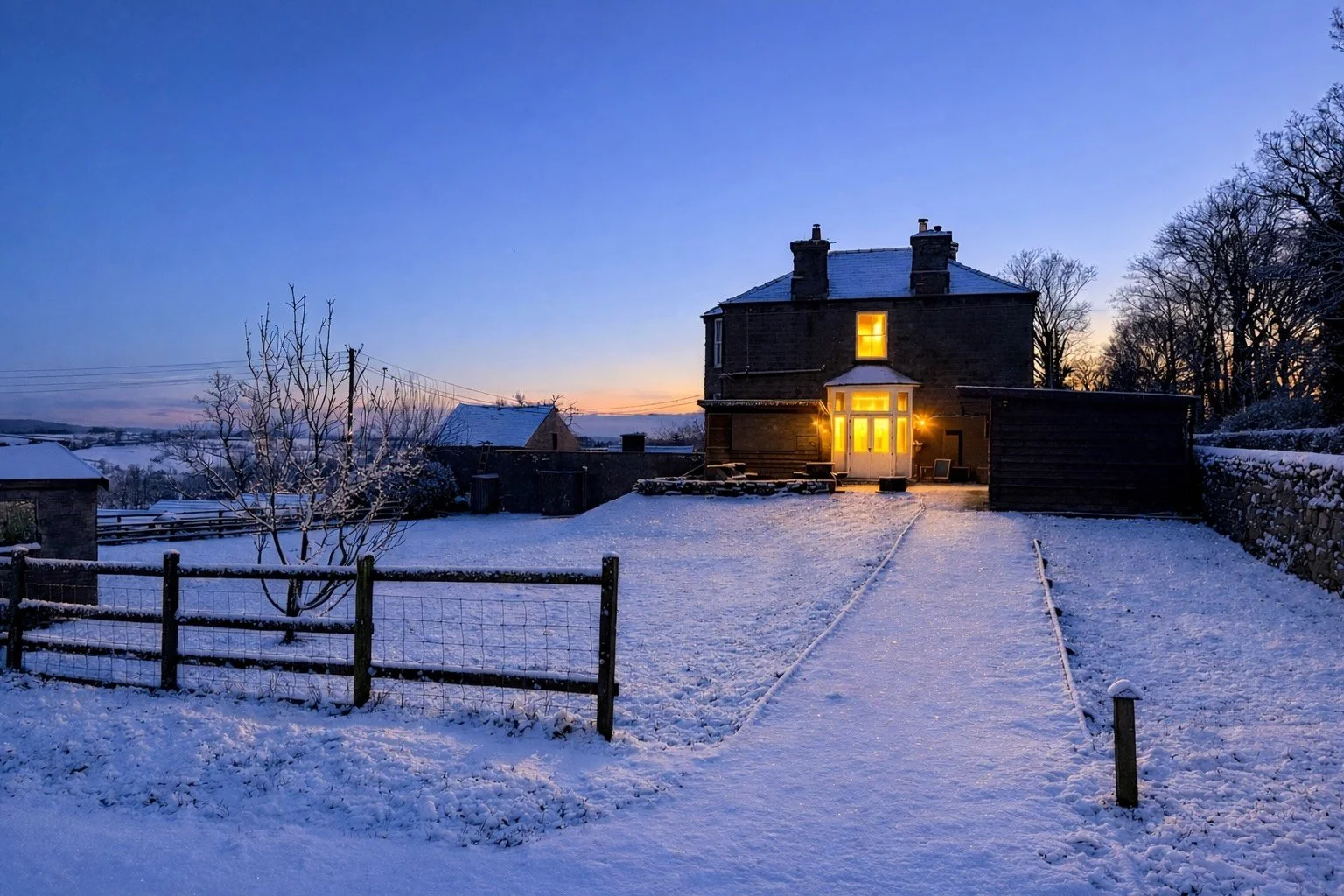 Snow-covered garden with Greendale Teahouse lit from inside, blue twilight sky, trees and fence in the background. A Bowland winter scene.