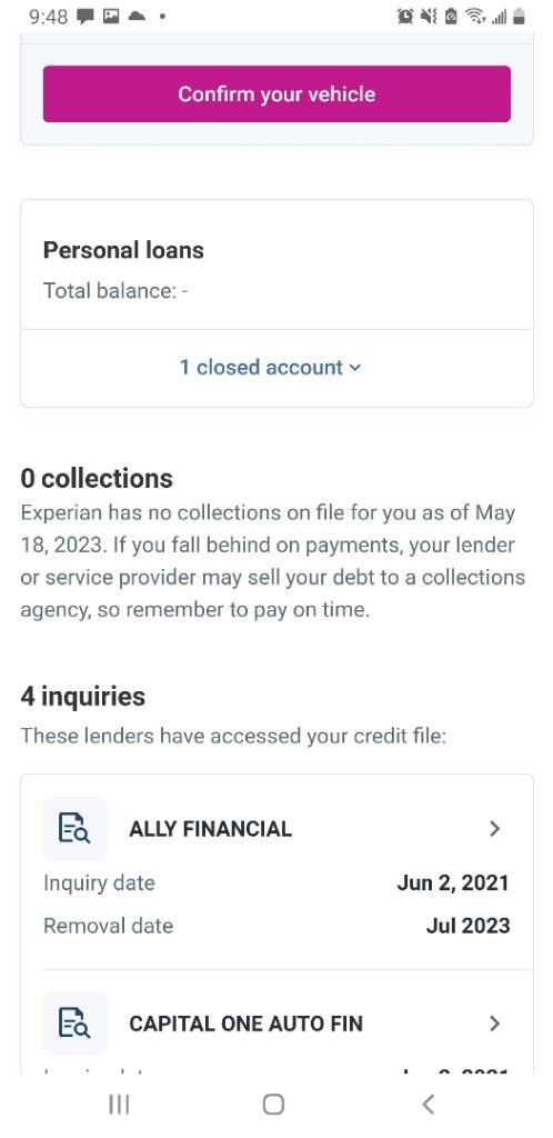 Screenshot of a financial account summary showing personal loans, collections, and inquiries, with a prominent purple button to confirm your vehicle.