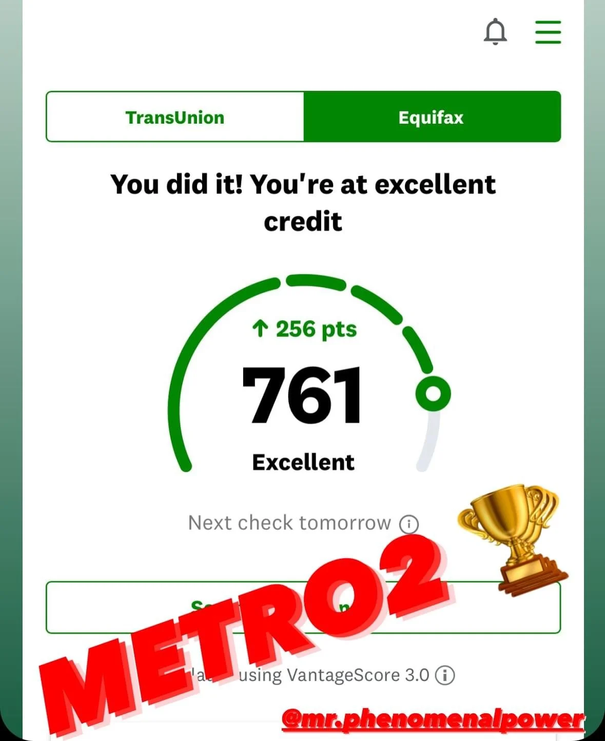 Screenshot of a credit score app showing an excellent score of 761 points with a message congratulating the user, and large red text overlaid saying 'METRO2' and a username '@mr.phenomenalpower' at the bottom.