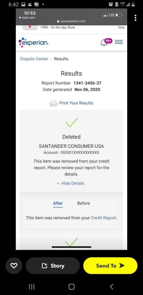 Screenshot of a credit report results webpage from Experian showing a deleted item for SANTANDER CONSUMER USA, with the date generated November 6, 2020.