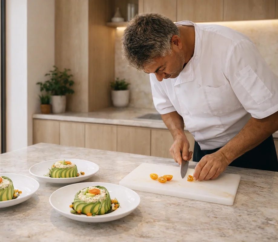 Private chef Wesley preparing fresh ingredients in a Mallorca  holiday villa kitchen