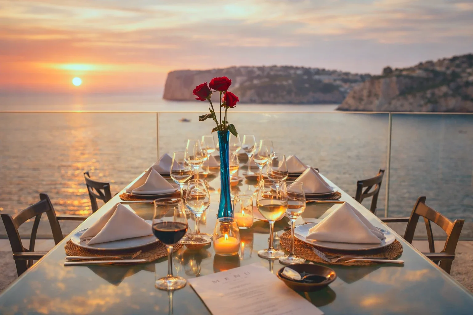 Private dining sunset table setup by pruvate chef Wesley in a Mallorca villa
