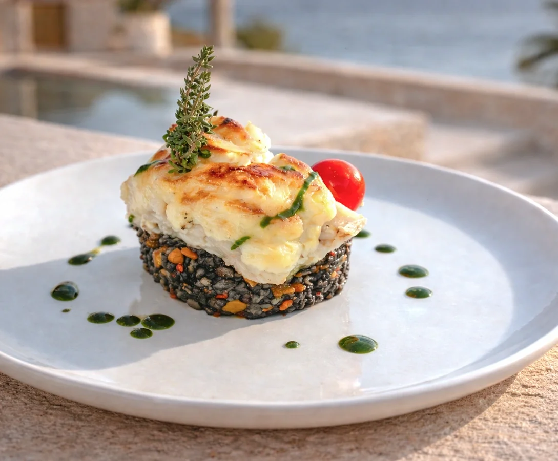 Private chef plated serving of white fish and wild rice garnished with herbs and cherry tomato, served on a round white plate with green sauce dots, outdoors near a pool in Mallorcan villa.