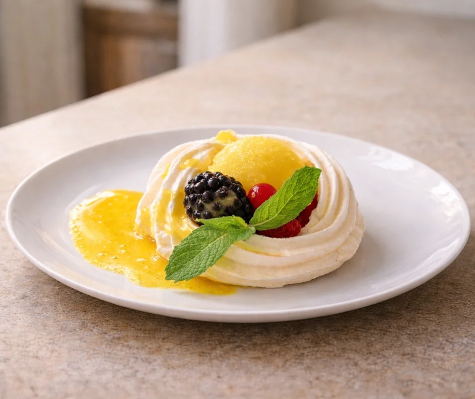 Pavlova dessert with lemon cream and berries prepared by private chef Wesley in Mallorca Camp de Mar villa