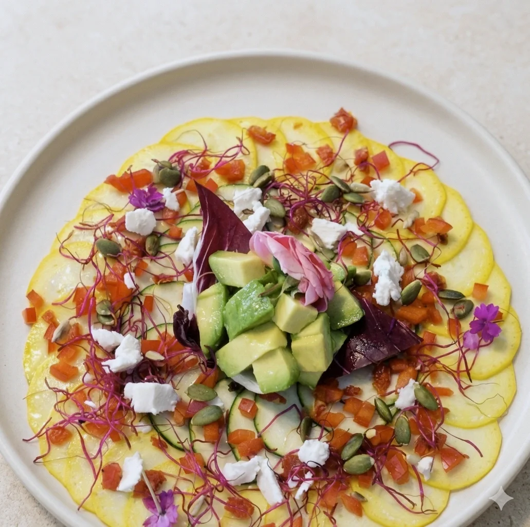 Private chef Mallorca plating a refined zucchini carpaccio with avocado, feta, seeds and edible flowers for a luxury dining experience
