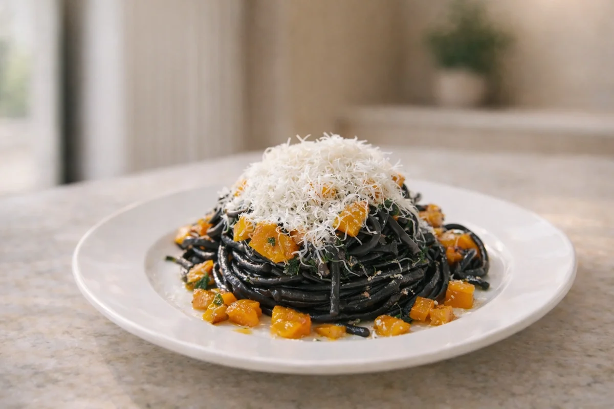 Black squid ink pasta with cheese and garnish prepared by private chef Wesley in Soller Mallorca villa dining