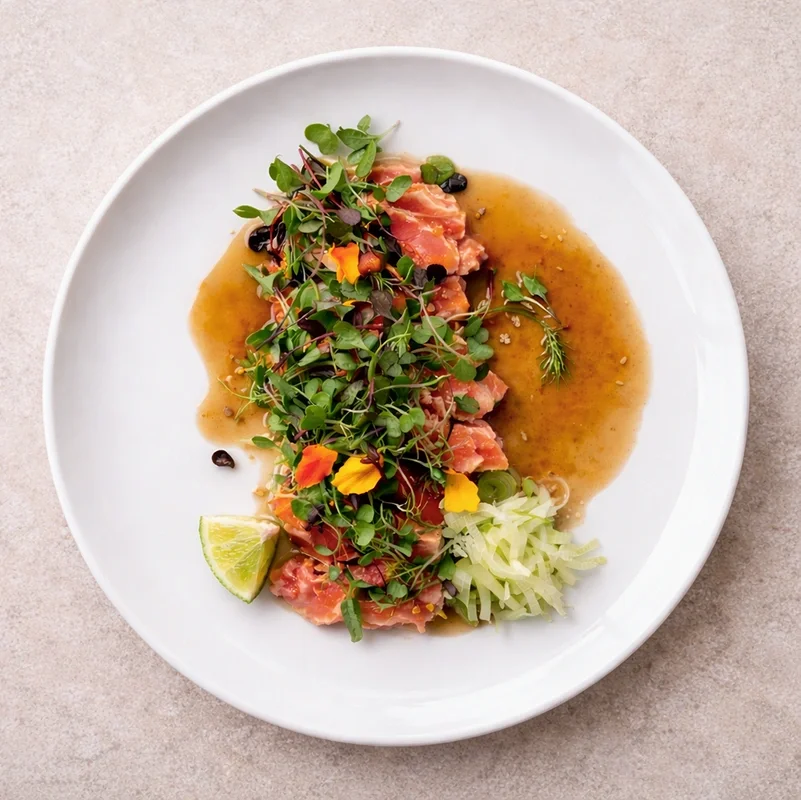 Kvitsøy salmon tataki with ponzu prepared by private chef Wesley in Costa den Blanes Mallorca for light gourmet dining