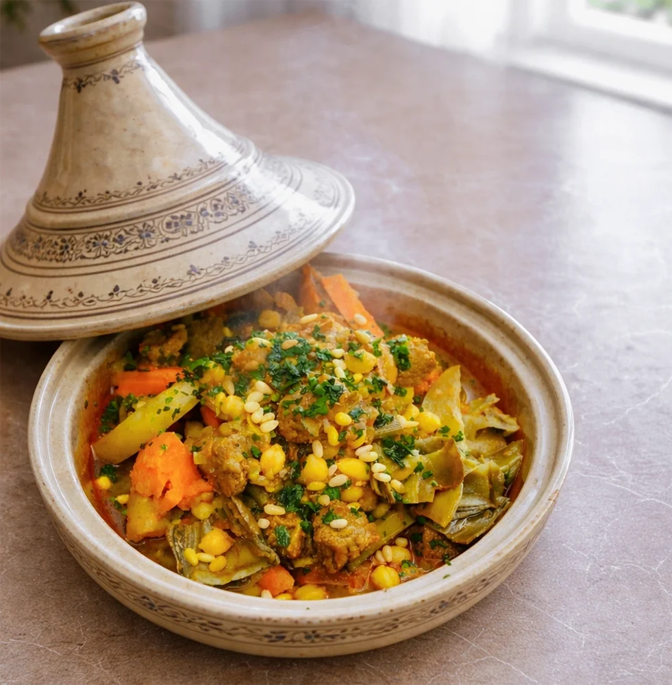 Private chef Mallorca preparing a vibrant vegetable tagine with seasonal ingredients in a luxury kitchen setting