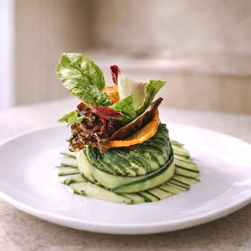 Elegant cucumber salad starter plated by private chef in Mallorca for villa holiday dining
