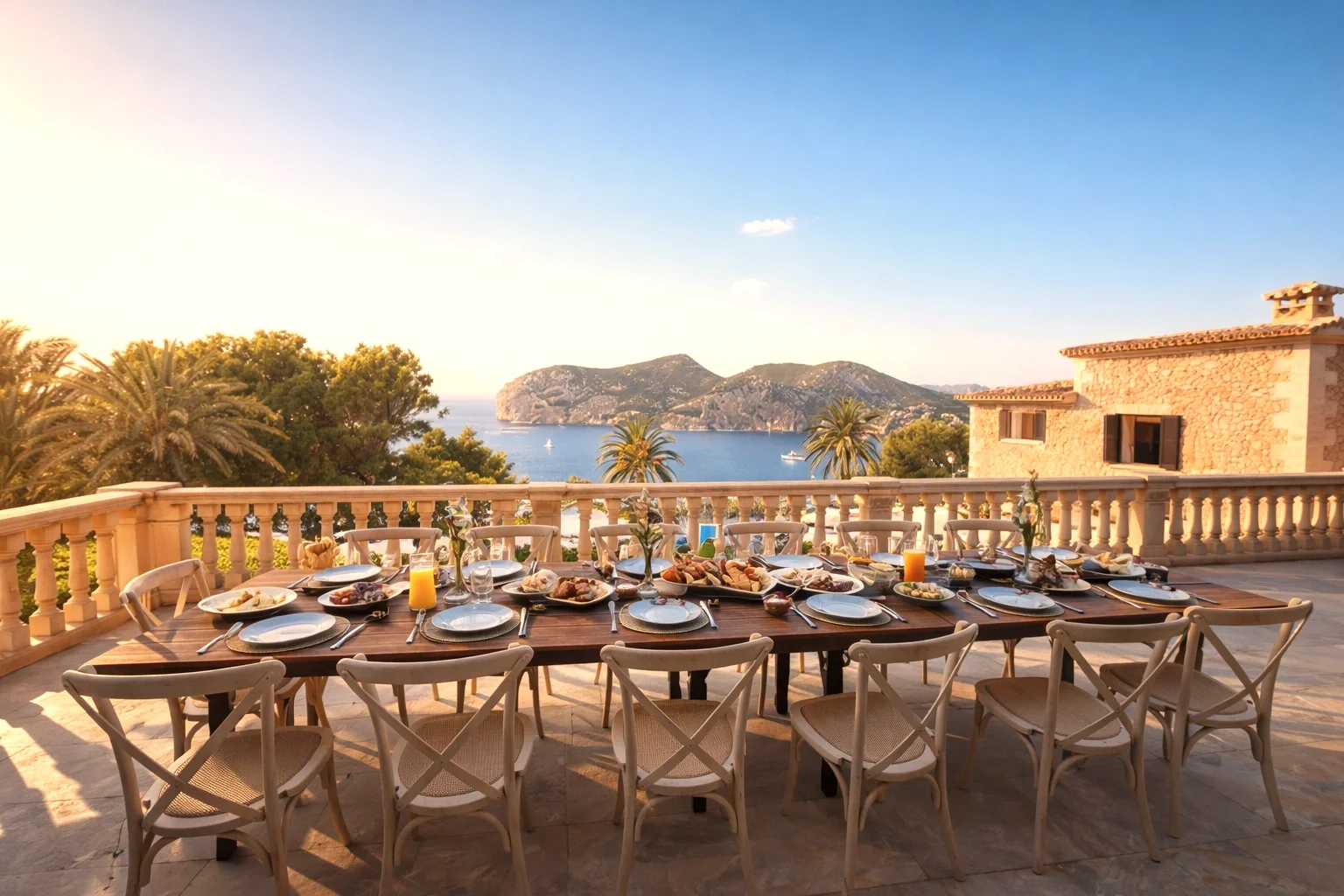 Holiday private chef breakfast setup at Mallorca Camp de Mar villa with sea view