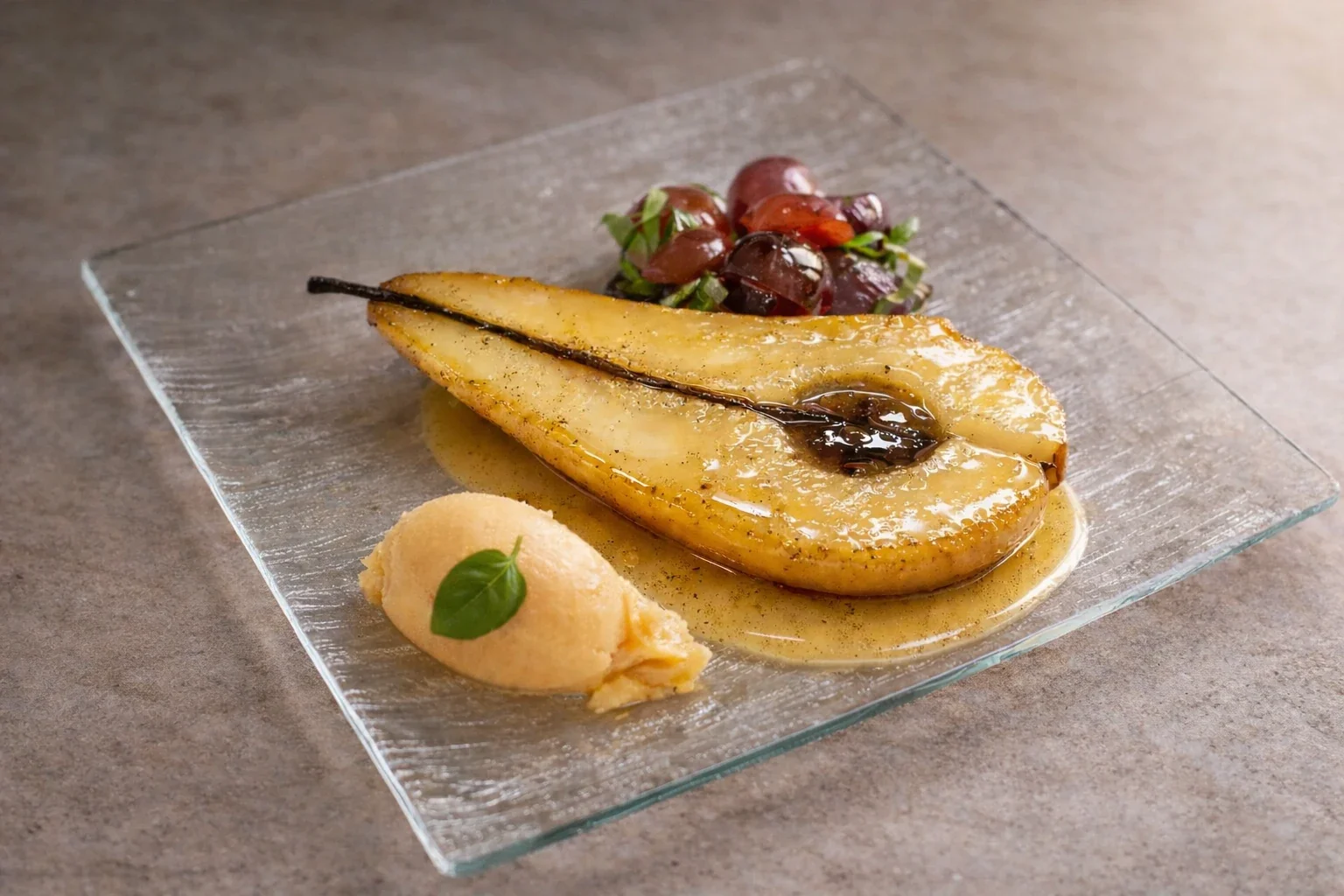 A plated dessert featuring a poached pear with caramel sauce, a scoop of vanilla ice cream garnished with a basil leaf, and a side of red grapes with greens on a glass plate prepared by private chef Wesley in a Mallorca villa