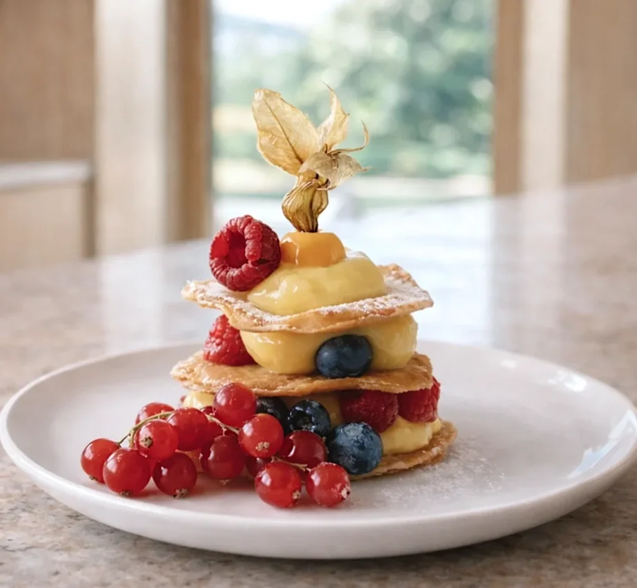 Layered vanilla mille-feuille with fresh forest fruits and lemon curd, garnished with physalis and red currants, plated for luxury private dining by a Mallorca private chef