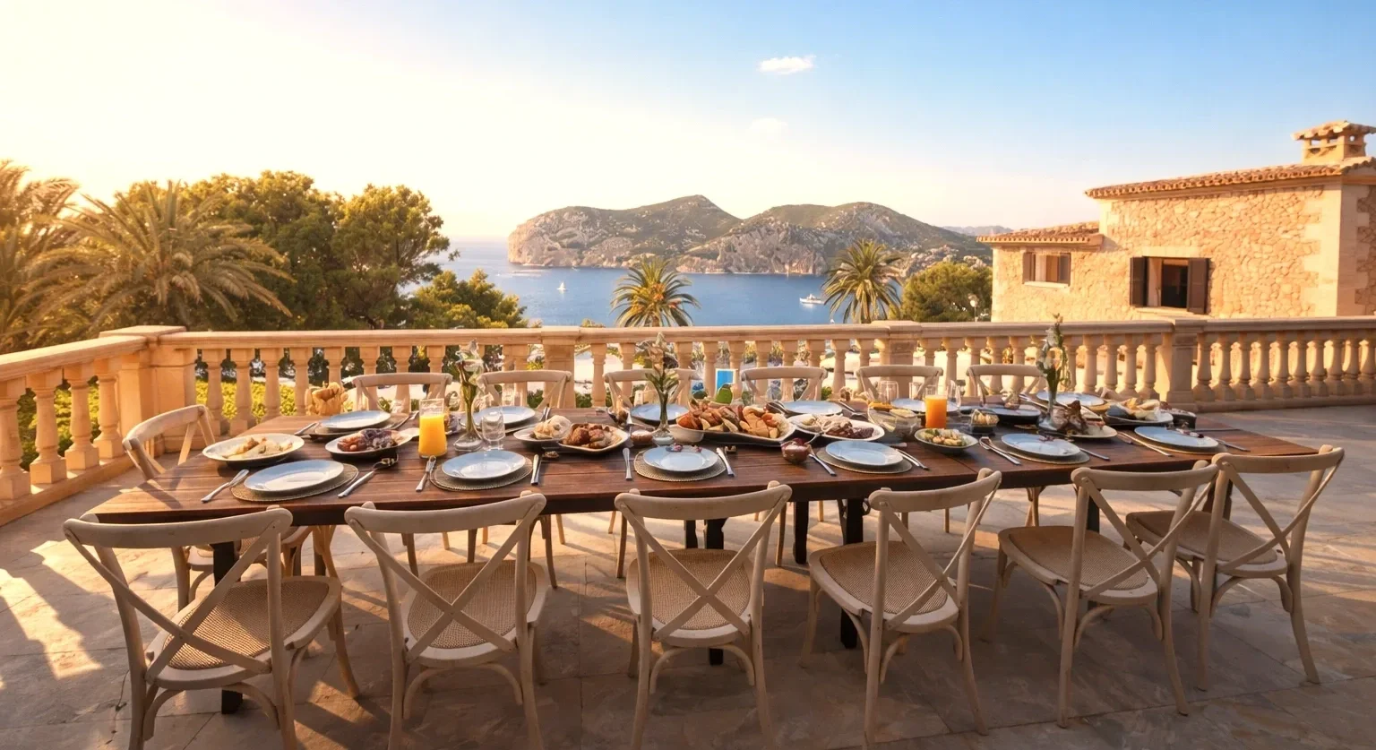 Outdoor Mallorca private chef dining table set for breakfast on a terrace in Camp de Mar with a view of the sea and rocky islands, with palm trees in the background.