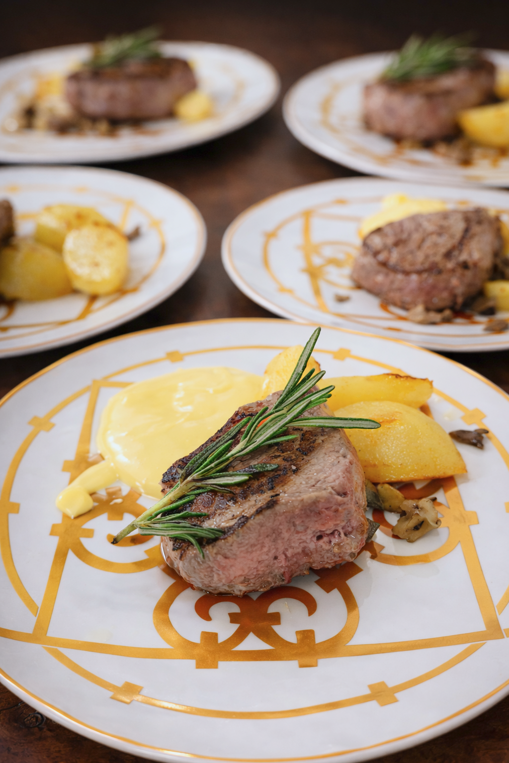 Plated steaks and potatoes with rosemary prepared by private chef Wesley in Alaro Mallorcan villa