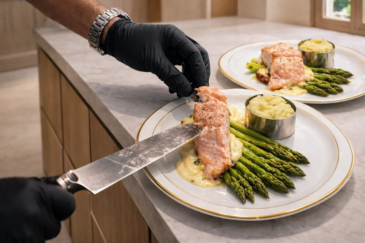 Private chef Wesley plating salmon and asparagus in a Mallorca Calvia villa kitchen for international holidays