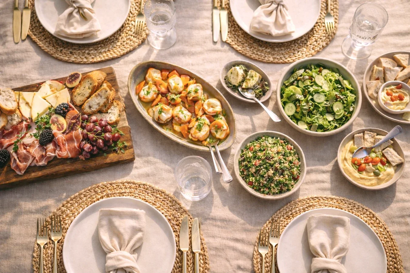 A private chef table set with various dishes including a charcuterie board, salads, and side dishes, surrounded by place settings with plates, utensils, napkins, and glasses.
