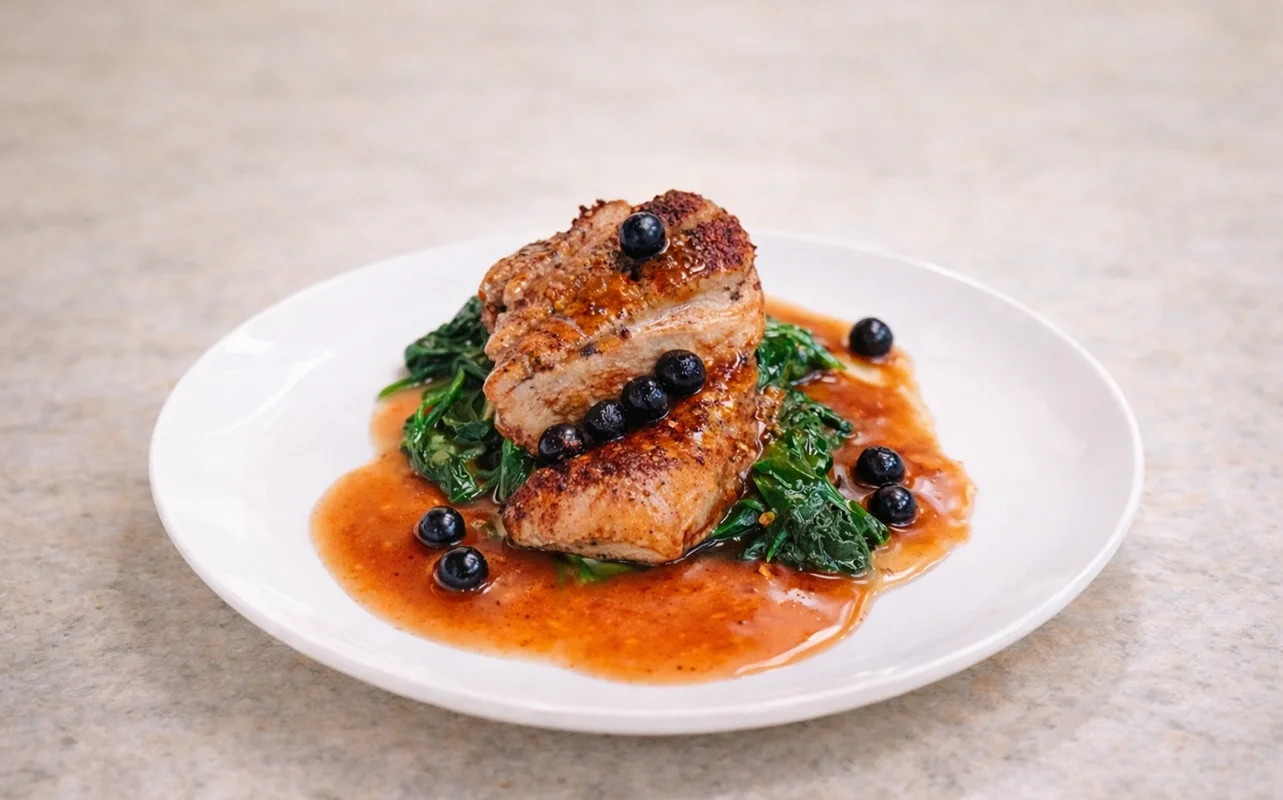 Seared salmon with greens and sauce prepared by private chef Wesley in Mallorca for personal chef holiday dinner