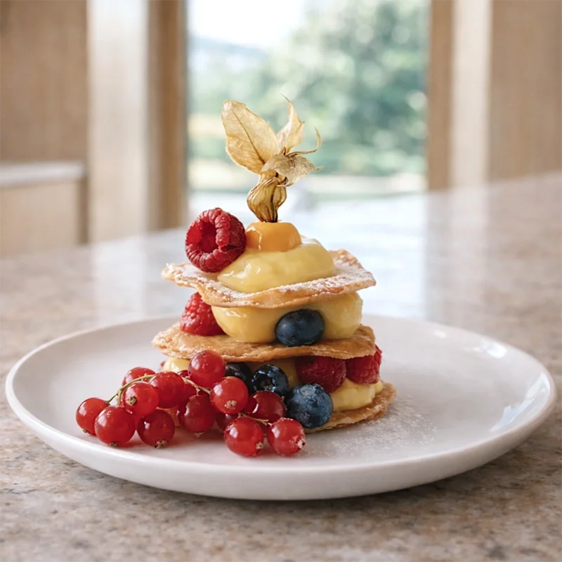Lemon curd dessert with forest berries and cream prepared by private chef Wesley in Mallorca villa
